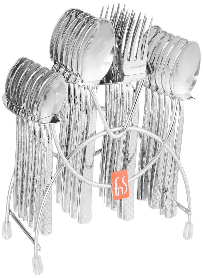 FnS Rhombo Stainless Steel Cutlery Set with Hanging Stand, 24-Piece (6 Dinner Spoons, 6 Dinner Forks, 6 Tea Spoons, 6 Baby Spoons & 1 Cutlery Stand) - Image 1